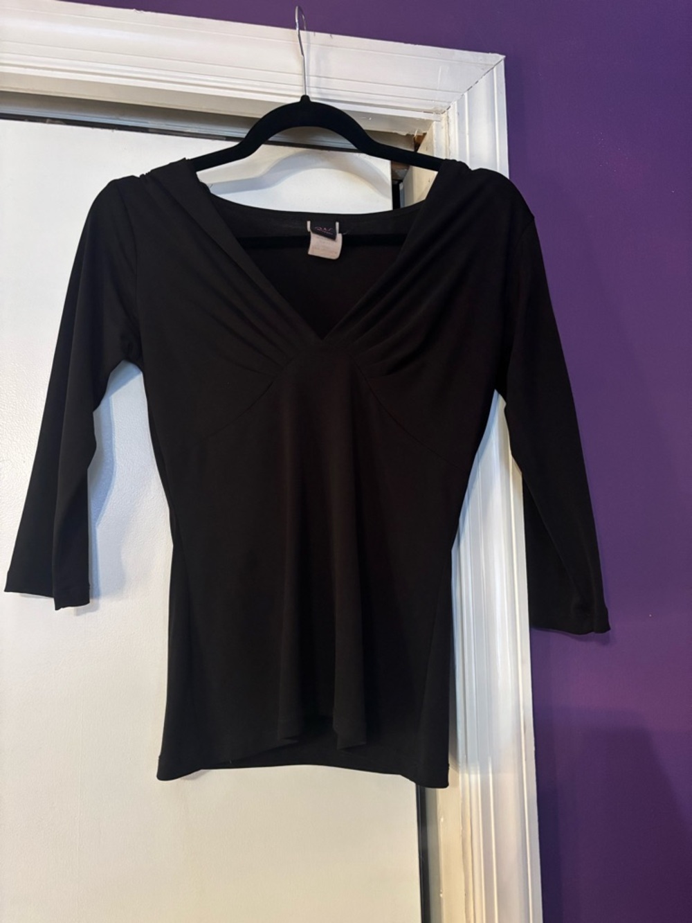 Y2K Wrapper Black V-Neck 3/4 Sleeve Women's Top Curvy Slimming Look